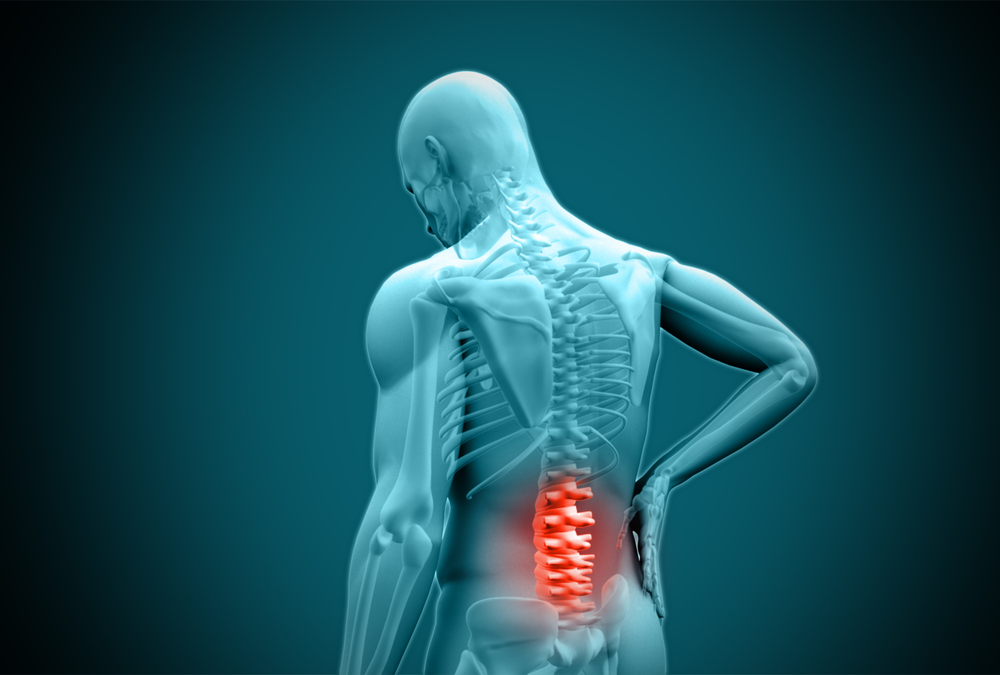 Digital blue human rubbing highlighted back pain on teal background