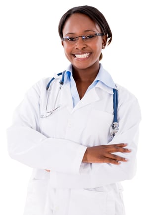 Happy black female doctor smiling - isolated over white background.jpeg
